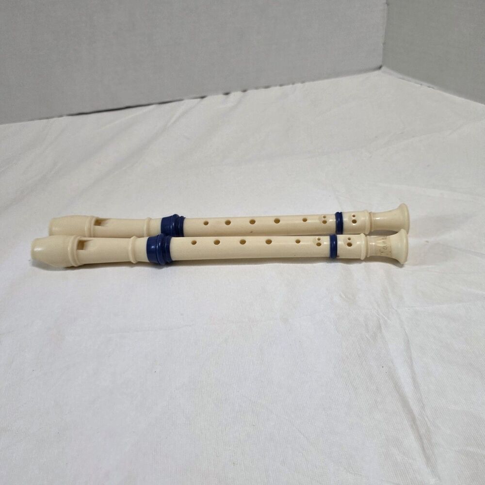 2 Vintage Cream & Blue Small Plastic Students Recorders